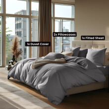(King, Grey) 4pc Plain Duvet Cover Set with Fitted Sheet & Pillowcovers - Soft Microfiber Quilt Bedding Set for Winter Warm Comfort