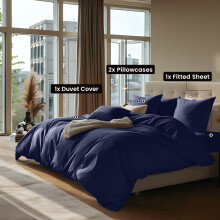 (Super King, Navy Blue) 4pc Plain Duvet Cover Set with Fitted Sheet & Pillowcovers - Soft Microfiber Quilt Bedding Set for Winter Warm Comfort