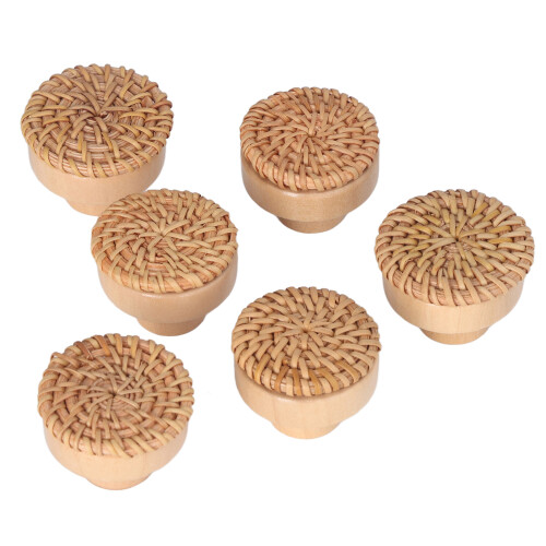 6pcs Round Drawer Knobs Wood Rattan Woven Handmade 1