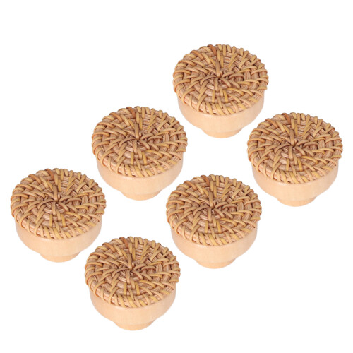 6pcs Round Drawer Knobs Wood Rattan Woven Handmade 2