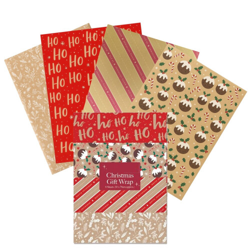 8 Christmas Wrapping Paper Sheets Kraft Effect Traditional 50cm x 70cm