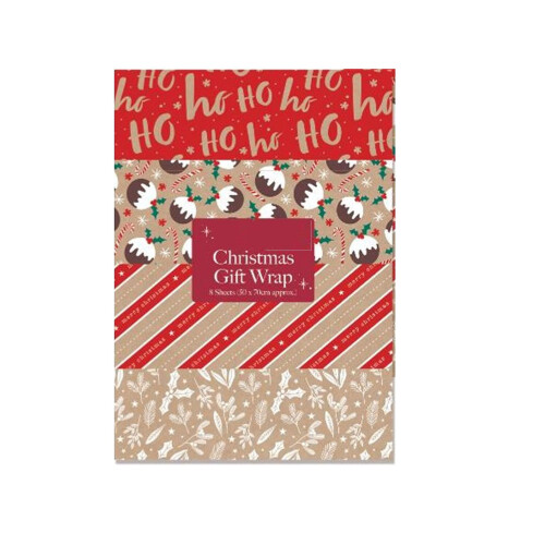 8 Christmas Wrapping Paper Sheets Kraft Effect Traditional 50cm x 70cm 2