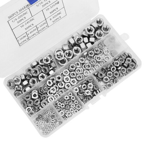 360pcs Stainless Steel Hex Nuts Coarse Thread 1