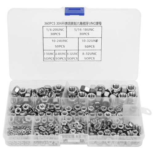 360pcs Stainless Steel Hex Nuts Coarse Thread