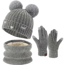 Set of Warm Knitted Winter Hats, Neck Warmer, Scarf and Touch Screen Gloves for Kids with Pom Pom, Fleece Lined