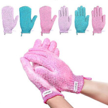Lurrose Nylon Bath Exfoliating Glove Body Skin Cleansing Peeling Scrubber 3 Pairs Five Finger Gloves with 3 Pairs Full Finger Gloves (Pink Blue And Pu
