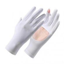 (White) 1 Pair Sun Protection Full Finger Gloves Hollow Breathable Touch Screen Design Soft Friendly To Skin Uv-proof Sports Gloves