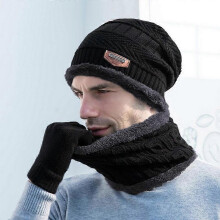 (BK) Gifts For Women Winter Warm Plus Fleece Thick Hat Scarf Scarf Solid Color Screen Gloves Three-piece Adult