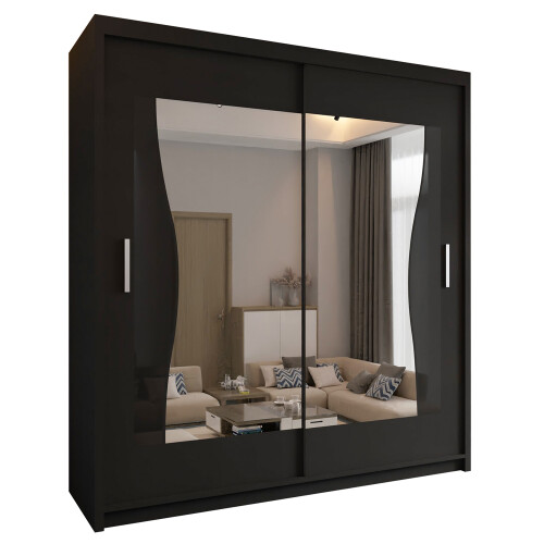 Modern Sliding Wardrobe With Mirror Doors & Shelves-Rail Storage 203cm Black 1