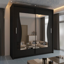 Modern Sliding Wardrobe With Mirror Doors & Shelves-Rail Storage 203cm Black