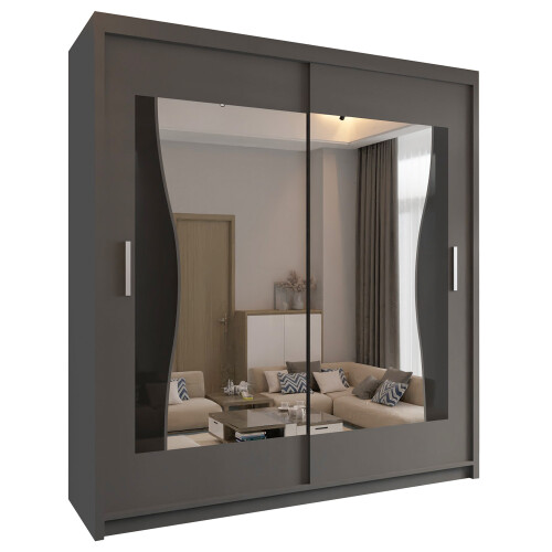 Modern Sliding Wardrobe With Mirror Doors & Shelves-Rail Storage 203cm Grey 1