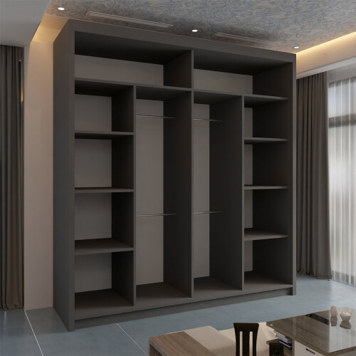 Modern Sliding Wardrobe With Mirror Doors & Shelves-Rail Storage 203cm Grey 2