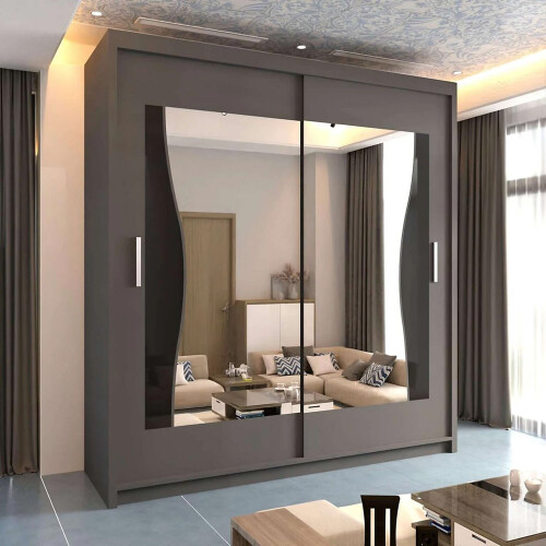 Modern Sliding Wardrobe With Mirror Doors & Shelves-Rail Storage 203cm Grey
