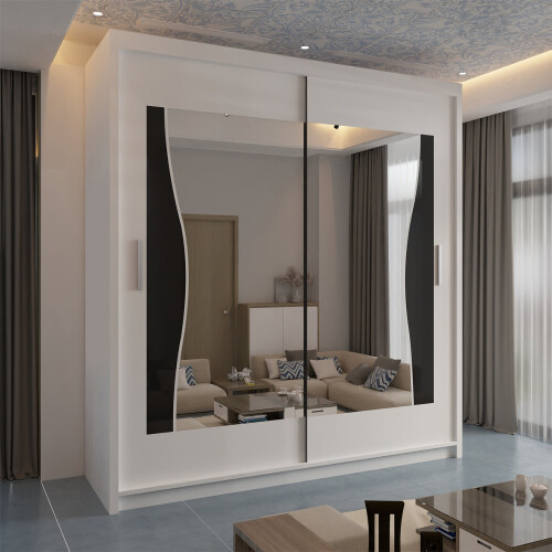 Modern Sliding Wardrobe With Mirror Doors & Shelves-Rail Storage 150cm White