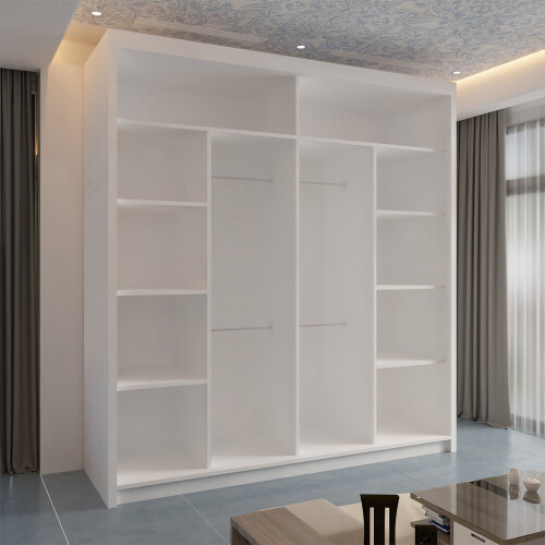 Modern Sliding Wardrobe With Mirror Doors & Shelves-Rail Storage 203cm White 2
