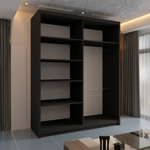 Modern Sliding Wardrobe With Mirror Doors & Shelves-Rail Storage 150cm Black 2