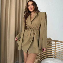 (L)Autumn Fashion Lapel Loose Tie Waist Short Women's Suit