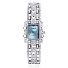(Blue) Dial Watch Square With Quartz Movement Alloy Strap Set Silver Rhinestone Color