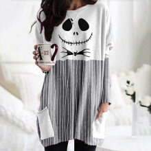 (Grey, 3XL) Before Women Nightmare Christmas Jack Skellington Dress Tshirt Longsleeve