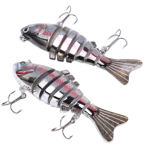 Multi-Gelenk-Schwimköder für Bass- und Forellenfisch, 4-teiliger harter Köder mit 2 Haken, Größe 1# 2