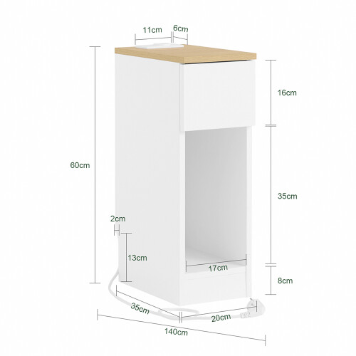Mesa de Cabeceira SoBuy 20cm com USB, Branco e Madeira 2