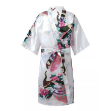 (5-6 Years, White) Kids Girls Satin Kimono Bath Robe Nightgown Sleepwear Peacock Printed Pajamas‘uk