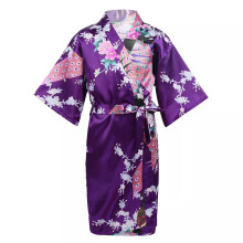 (13-14 Years, Purple) Kids Girls Satin Kimono Bath Robe Nightgown Sleepwear Peacock Printed Pajamas‘uk