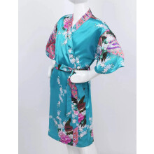(7-8 Years, Lake Blue) Kids Girls Satin Kimono Bath Robe Nightgown Sleepwear Peacock Printed Pajamas‘uk
