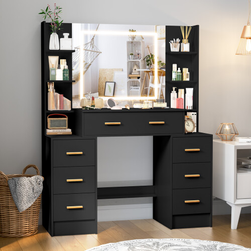 7 Drawers Vanity Makeup Desk with LED Lighted Mirror Dressing Table