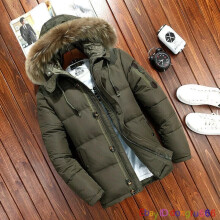 (L, Army Green) Men's Warm Duck Down Jackets Fur Collar Thick Winter Hooded Coats Outwears Parka