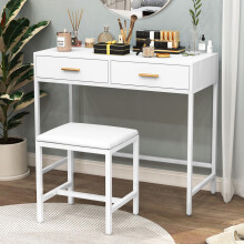 Modern Makeup Desk with 2 Drawers and Soft Cushion Stool White Vanity