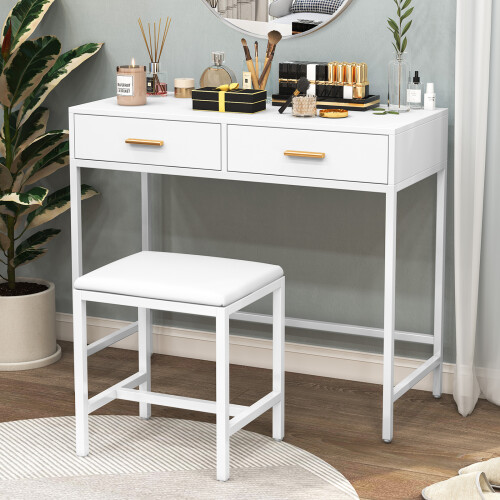 Modern Makeup Desk with 2 Drawers and Soft Cushion Stool White Vanity