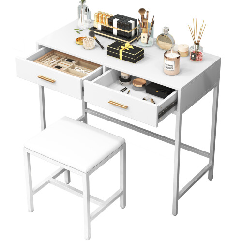 Modern Makeup Desk with 2 Drawers and Soft Cushion Stool White Vanity 1
