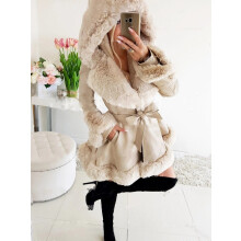 (Beige, UK XL) Womens Faux Fur Coat Hoodie Parka Belt Slim Winter Warm Ladies Outwear Coat 2025