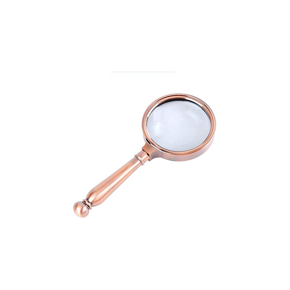 8x Hand Magnifier with Bronze Metal Handle, 70 mm White Glass Reading Magnifier for Elderly Stationery and Office Supplies
