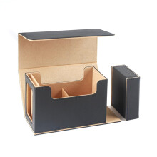 PU Leather Trading Card Deck Storage Box with Dice Tray, Black Khaki, Large Capacity, Card Collector Organizer