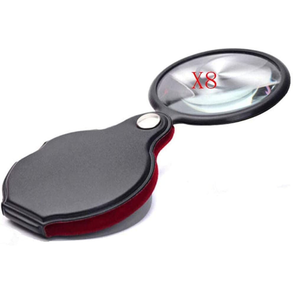 Black Magnifying Glass 8X Mini Magnifier With Leather Case, Foldable Pocket Magnifier For Jewelry, Reading, Hobbies, Science