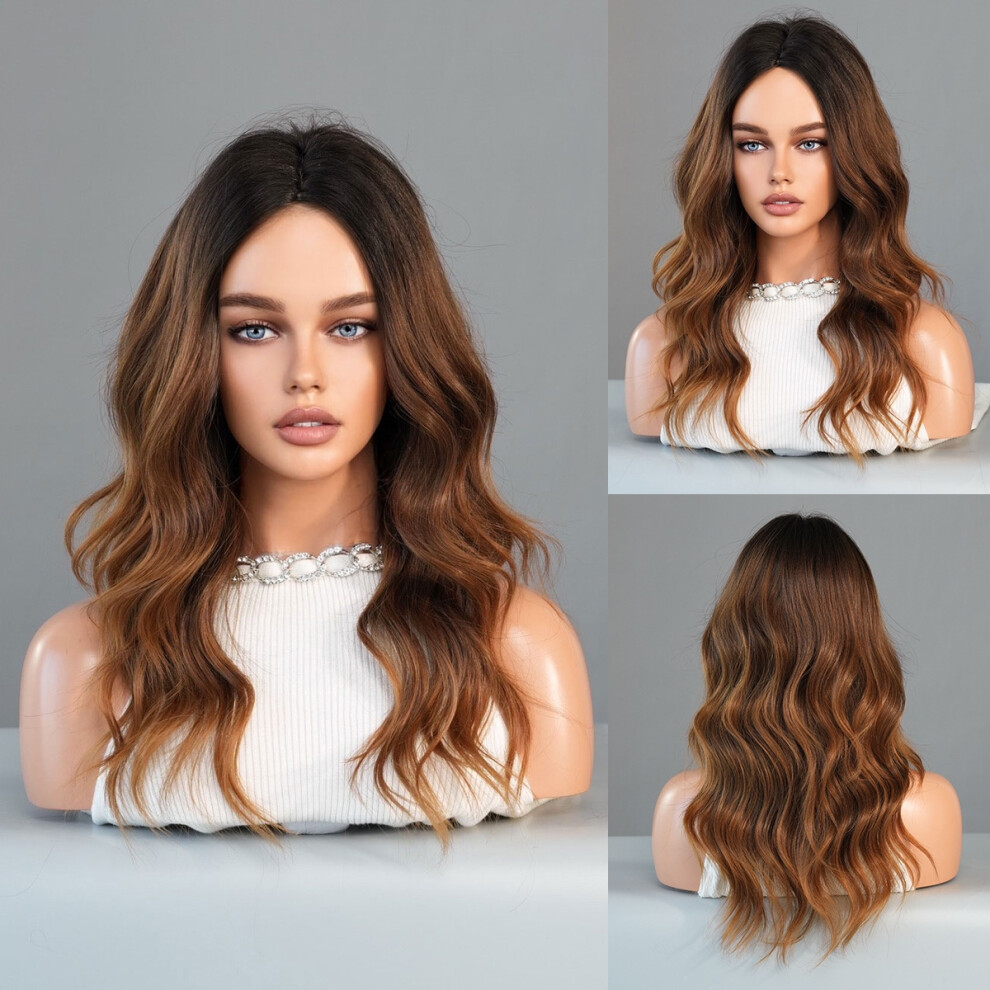 Unisex (Mw9124-1_53Cm) Fashionable Lady Mid-Parted Gradient Long Curly Hair Wig, Large Wave Synthetic Fiber Wig