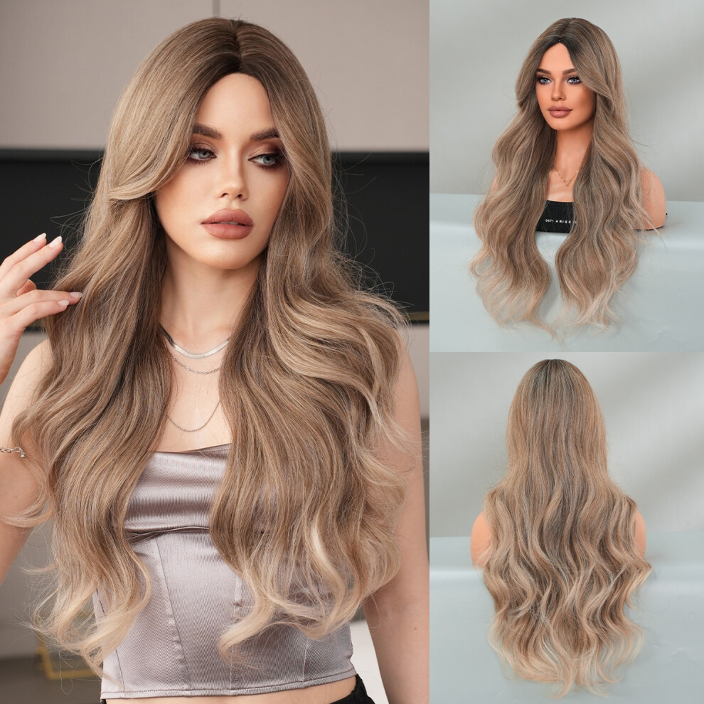 Unisex (Mw9169-2_70Cm) Fashionable Lady Mid-Parted Gradient Long Curly Hair Wig, Large Wave Synthetic Fiber Wig