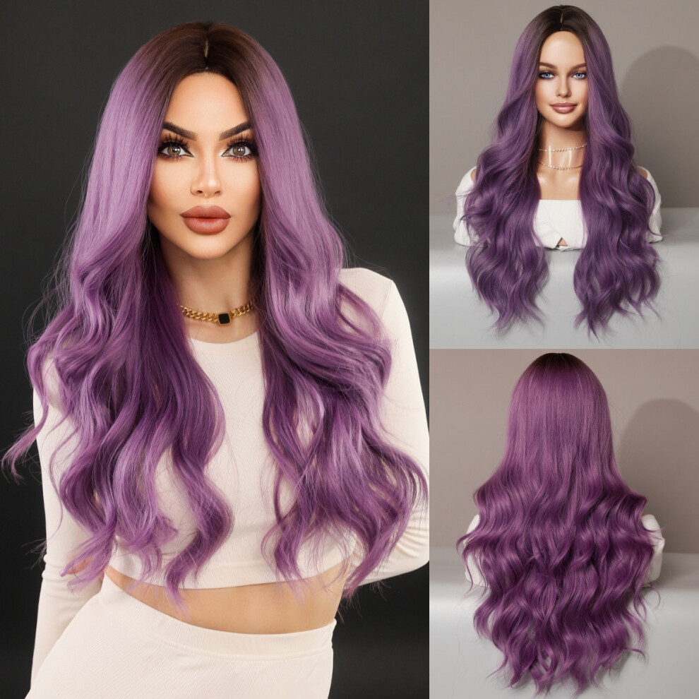 Unisex (Mw9059-3_67Cm) Fashionable Lady Mid-Parted Gradient Long Curly Hair Wig, Large Wave Synthetic Fiber Wig