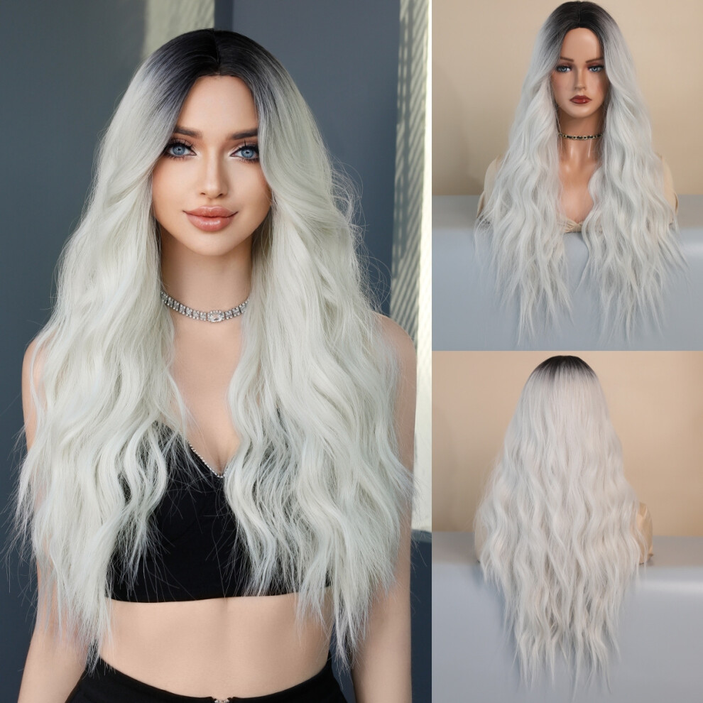 Unisex (Mw9060-1_68Cm) Fashionable Lady Mid-Parted Gradient Long Curly Hair Wig, Large Wave Synthetic Fiber Wig