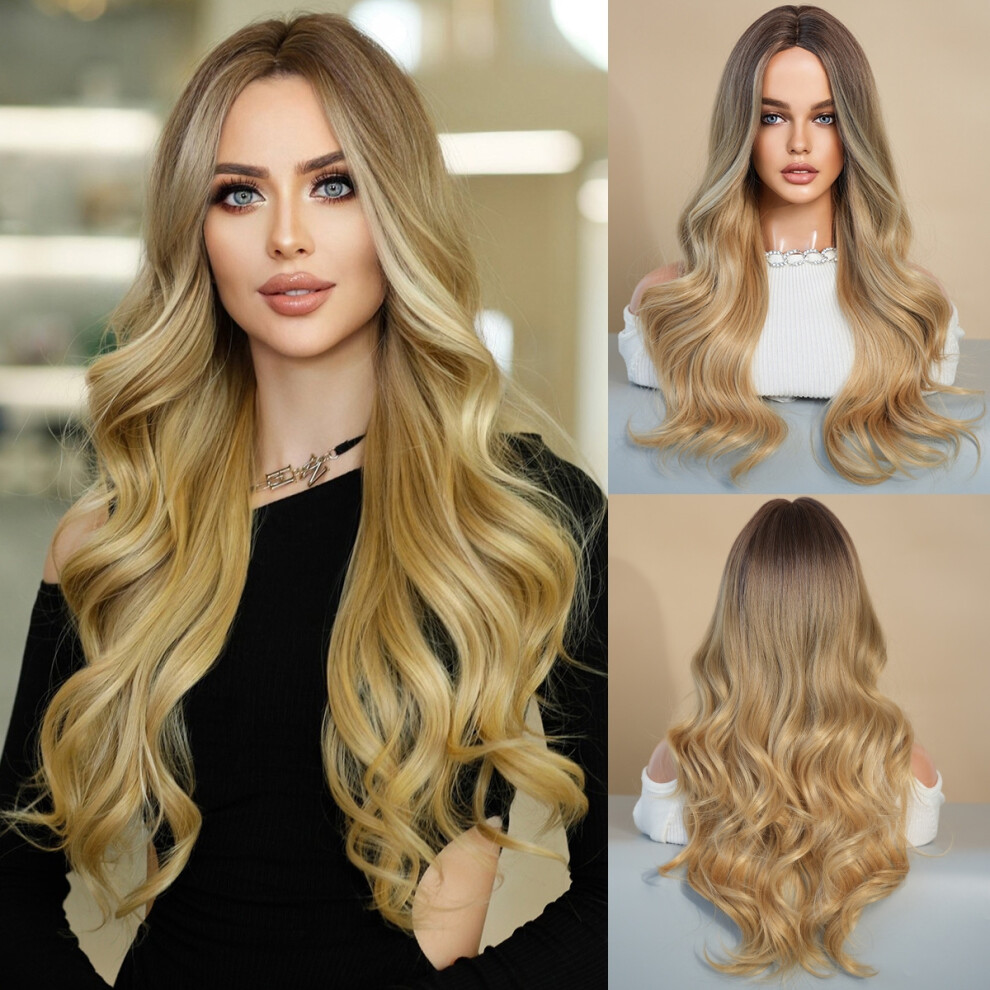 Unisex (Mw9076-1_64Cm) Fashionable Lady Mid-Parted Gradient Long Curly Hair Wig, Large Wave Synthetic Fiber Wig