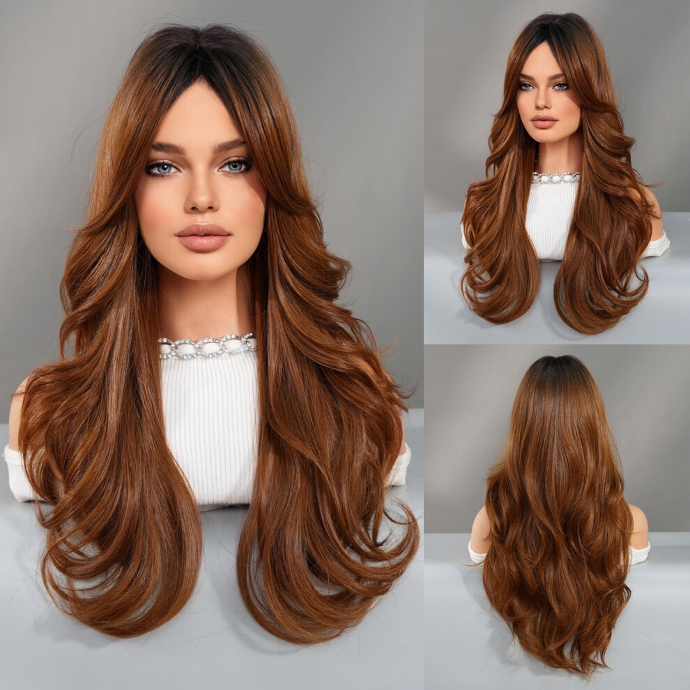 Unisex (Mw9128-1_60Cm) Fashionable Lady Mid-Parted Gradient Long Curly Hair Wig, Large Wave Synthetic Fiber Wig