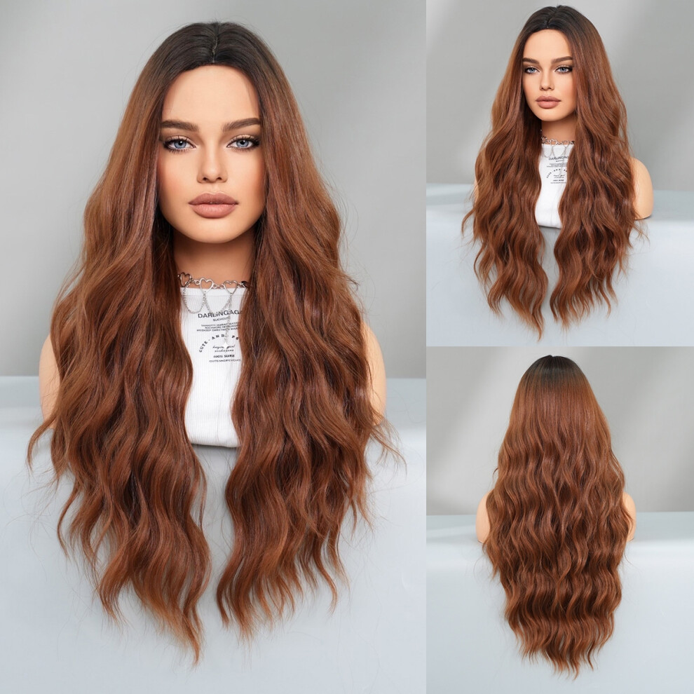 Unisex (Mw9146-1_73Cm) Fashionable Lady Mid-Parted Gradient Long Curly Hair Wig, Large Wave Synthetic Fiber Wig