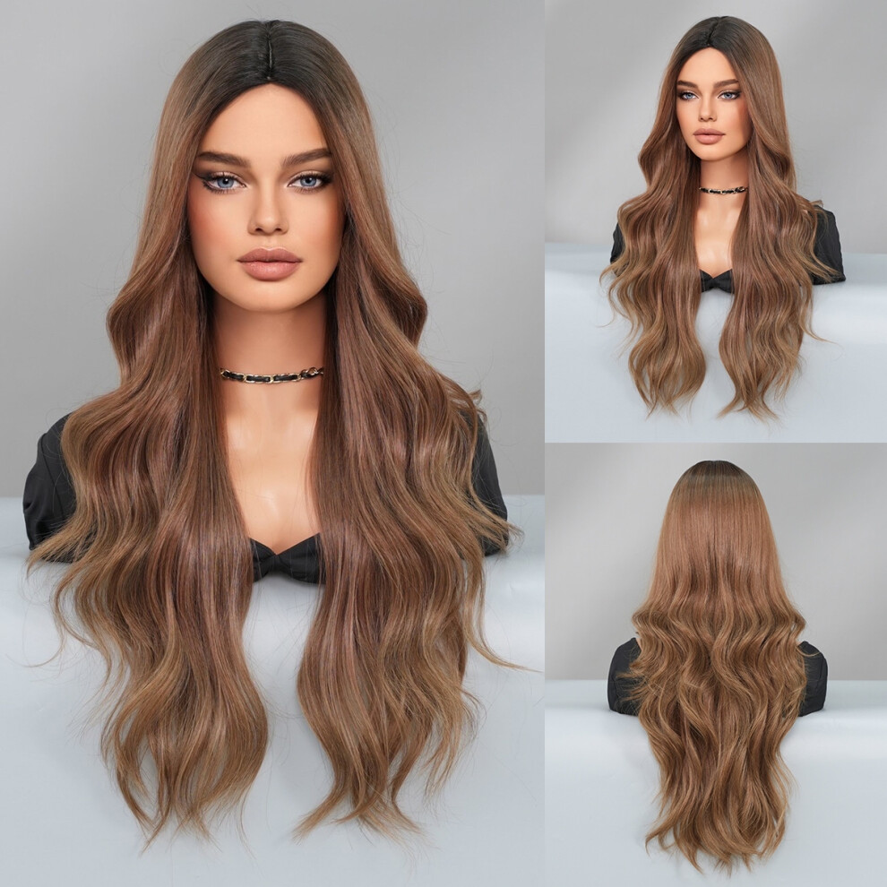 Unisex (Mw9150-2_70Cm) Fashionable Lady Mid-Parted Gradient Long Curly Hair Wig, Large Wave Synthetic Fiber Wig