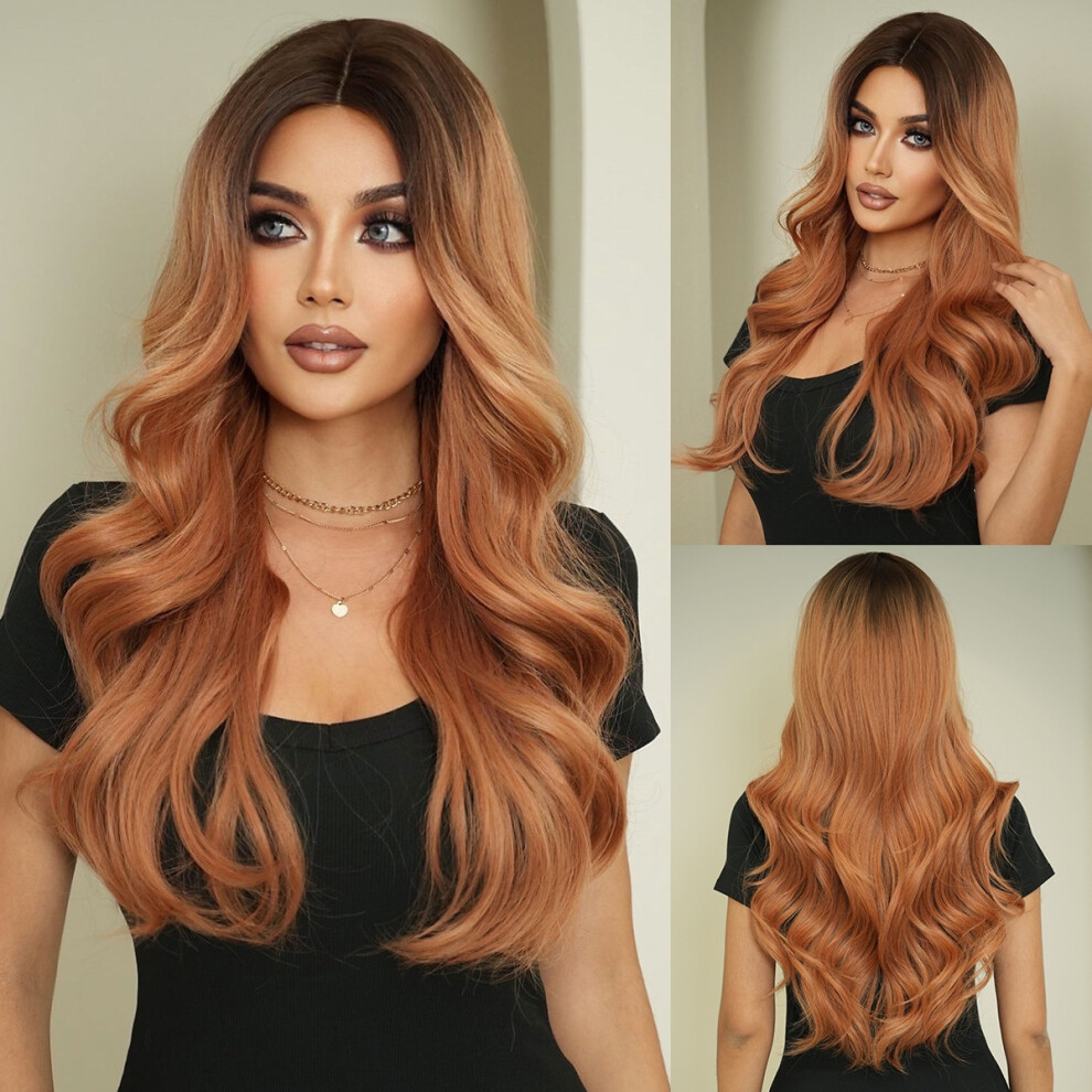 Unisex (Mw9154-1_70Cm) Fashionable Lady Mid-Parted Gradient Long Curly Hair Wig, Large Wave Synthetic Fiber Wig