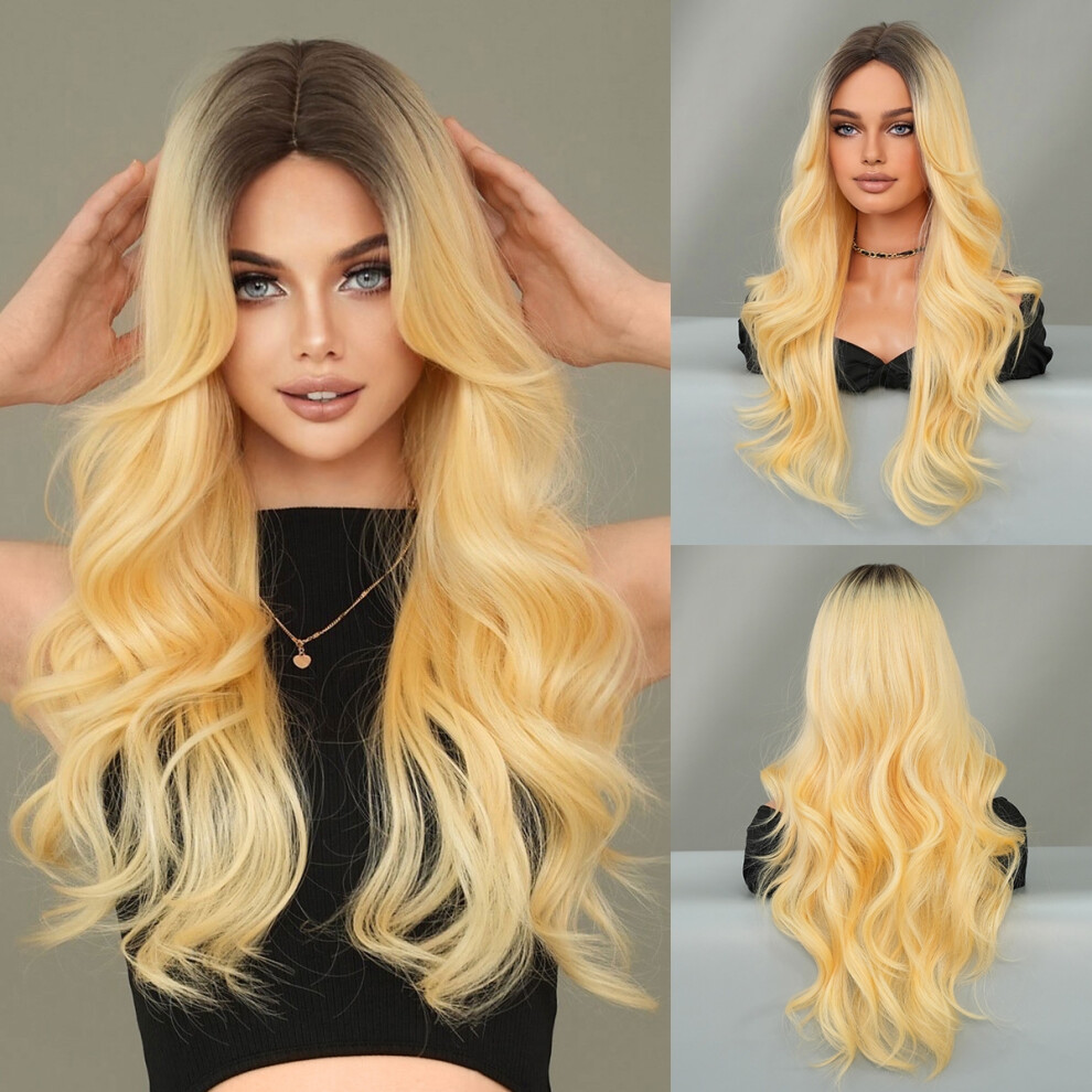 Unisex (Mw9178-1_65Cm) Fashionable Lady Mid-Parted Gradient Long Curly Hair Wig, Large Wave Synthetic Fiber Wig