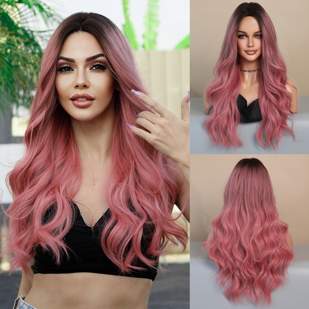 Unisex (Mw9059-1_67Cm) Fashionable Lady Mid-Parted Gradient Long Curly Hair Wig, Large Wave Synthetic Fiber Wig