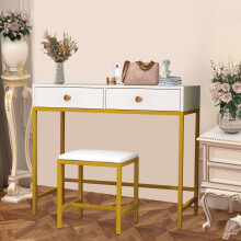 White Makeup Desk with 2 Drawers and Soft Cushion Stool Vanity Table
