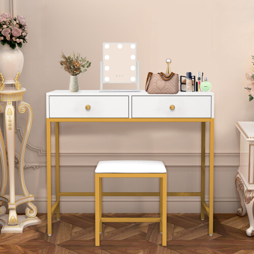 White Makeup Desk with 2 Drawers and Soft Cushion Stool Vanity Table 1